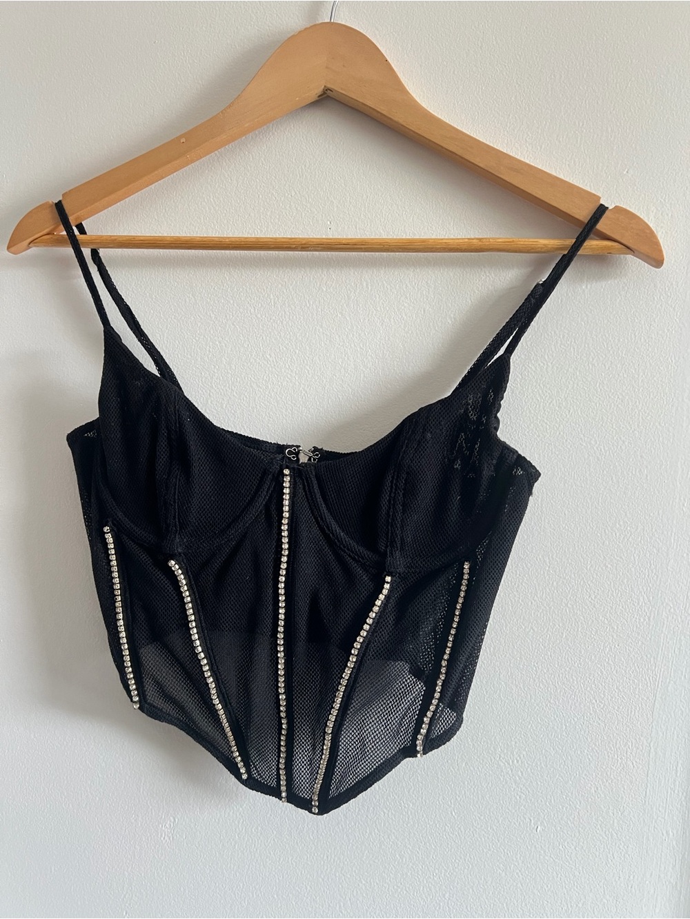 Black Mesh Rhinestone Boned Corset Top